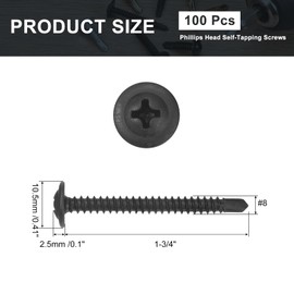 sourcing map 100Pcs #8x1-3/4" Phillips Head Self Tapping Screws, Carbon Steel Self Drilling Flat Head High-Strength Quick Tapping Screws Wood Screw for Wood, Metal, Plastic, Black
