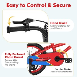 COSTWAY Kids Bike for Boys & Girls, 16 Inch Toddler Bike w/Removable Training Wheels, Handbrake & Coaster Brake, Basket, Bell, Kids Bicycle for Children Aged 3-8 Years Old (Red, Flash Pattern)