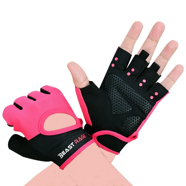BEAST RAGE Gym Gloves for Men and Women, Breathable Weight Lifting Gloves with Non-Slip Silicon Padded Protection, Ladies Fitness Training Gloves for Workout,Cycling,Fitness Exercises. (PINK, S)