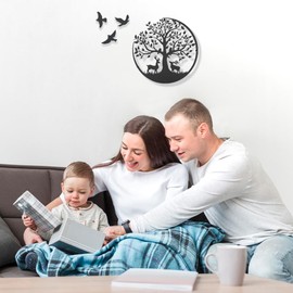 Tree Of Life Metal Art Wall Decor,11.8inch Metal Tree Life Wall Art with Birds Silhouette and Deers, Black Silhouette Tree Wall Hanging Artwork Decoration, Family Tree Hanging Sign for Living Room Bedroom Garden Office