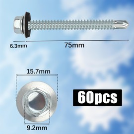 60PCS Roofing Screws with Rubber Washers 6.3x75mm Hex Head Self Tapping Screws Tech Screw for Metal Zinc Plated Corrugated Roofing Cladding Steel Screw for Tin Roof