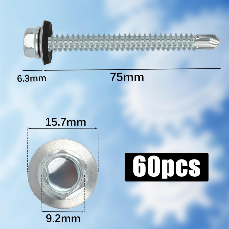 60PCS Roofing Screws with Rubber Washers 6.3x75mm Hex Head Self