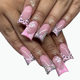 Duckbill Nails Press ons Medium Long Press on Nails Duck Fake Nails French Tip Glue on Nails with Flower Rhinestones Leopard Lines Designs Pink False Nails Glossy Shiny Manicure 24Pcs