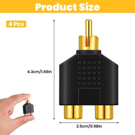 4 Pcs RCA Y Splitter Plug Adapter 2 Female to 1 Male for Audio Video Av Tv Cable Convert, Just Plug and Play