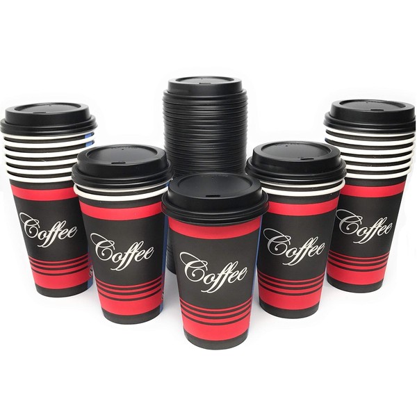 Large 16 oz 25 Count by EcoQuality - Classic Durable Disposable Paper Cups & Black Dome Lids For Hot/Cold Drink, Coffee, Tea, Cocoa, Travel - Large 16 Ounce Cups, 25 Count Cups & 25 Black Lids