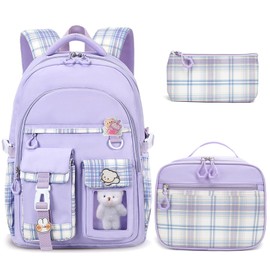 HuiLeo Girls Backpack with Lunch Box Cute School Backpack for Girls Kids Teens Kawaii Bookbag Set for Primary Elementary，Purple
