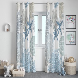 Llylumty Coastal Window Curtains Grommet Drapes Nautical Beach Sea Shells Satrfish Themed,Grommet Blackout Curtain, Bedroom 2 Panel42x54 Inch