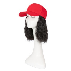 TESS Red Baseball Cap with 8'' Short Wavy Synthetic Hair Extensions for Women and Girls - Adjustable & Breathable Wig Cap for Daily Use, Outdoor Activities