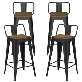 24 Inch Bar Stools Set of 4, Metal Stools for Kitchen Counter with Wood Seat, Low Back Industrial Barstools (Matte Black)
