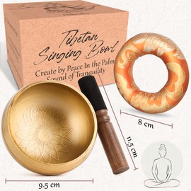 Tibetan Singing Bowls Set 100% Hand-hammered in Nepal with Silk Cushion and Mallet Meditation Yoga Chakra Gifts for Women, Men(9.5 x 5 cm)
