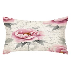 IBILIU Peony Throw Pillow Covers 12x20 Inch,Vintage Pink Peony Flower Floral Blossom White Rectangle Lumbar Pillow Cover,Decorative Cotton Linen Cushion Covers for Bedroom,Sofa,Couch