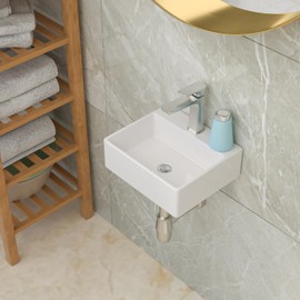 Lordear Floating Bathroom Sink Wall Mounted Corner Sink White Ceramic Sink 13.6X11.6 Inch Glossy White Small Tiny Room Washing Basin Sink