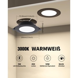 Grebeam LED Spotlights, Black, 5 W Ceiling Spotlights, 450 lm, Round Diameter 75-90 mm, LED Recessed Spotlights, 230 V, Installation Depth 25 mm, Ceiling Spotlights, 3000 K Warm White for Bathroom