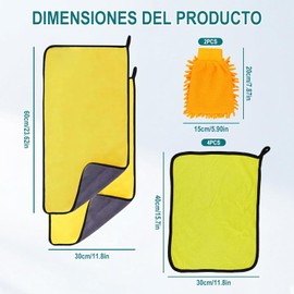 Kit de Limpieza de Coche 8 Piezas, 6 Toallas de Microfibra Alta Densidad y 2 Guantes de Chenilla Naranja, Lavado, Secado y Pulido de Automóviles, Motocicletas y Hogar