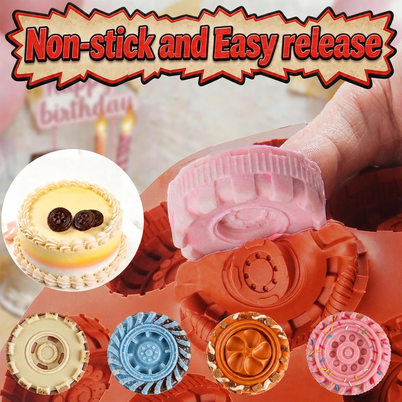 3D Round Tire Mold for Chocolate, 2Pcs Silicone Truck Wheel