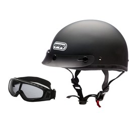 MMG 205 Motorcycle Cruiser Half Helmet DOT Street Legal – Flat Matte Black, Large, Includes Smoked Riding Goggles