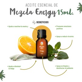 OLEUM VITAE Mezcla de Aceites Esenciales Energy. 100% Puros y Orgánicos. Contiene Naranja, Bergamota, Menta, Eucalipto y Albahaca. Propiedades Energizantes. 15ml