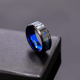 TRUMIUM Dragon 8mm Mens Tungsten Ring with Blue Carbon Fibre Pattern & Cubic Zirconia Wedding Band Bevel Edge Comfort Fit Size 9