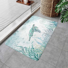 Sea Turtle Bath Rugs for Bathroom, Blue Teal Ocean Beach Nautical Coastal Fish Beachy Summer Animal Seashell Kids Non Slip Flannel Bathroom Rug, Dry Fast Water Absorbent Bath Mats, 17x29 Inch