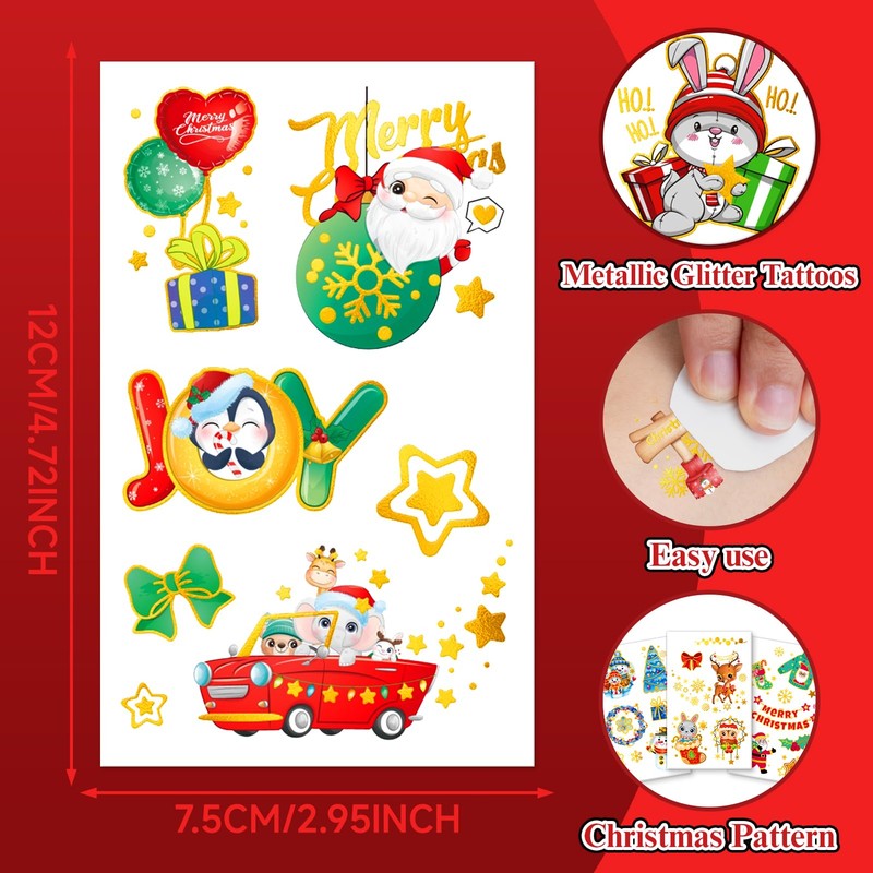 Acevegue Children's Christmas Tattoos, 12 Sheets Gold Metallic Christmas Tattoos