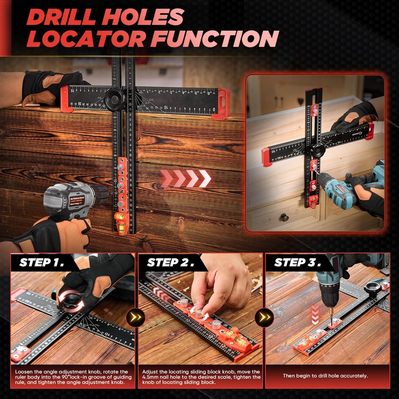 Saker 4-in-1 Drilling Positioning Ruler, Adjustable 13.78in Multifunctional T Square