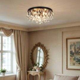 Kenroy Home Cascade Crystal Glass Beaded 3 Light Flush Mount with Black Metal Base