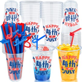 100Pcs 4th of July Decorations Patriotic Party Supplies, 50Pcs 16oz 4th of July Party Cups Patriotic Disposable Plastic Cups 50Pcs Red Blue Straws Fourth of July Red White Blue Independence Day