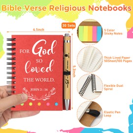Spakon 60 Pcs/ 30 Set Christian Gifts Bulk Religious Notebooks with Sticky Notes Bible Ballpoint Pens Prayer Journal Christmas Church Gifts for Women Men Appreciation Party Favors(Multicolor)