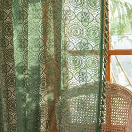 YJ YANJUN Green Boho Curtains with Tassels for Bedroom Retro Floral Pattern Knit Lace Sheer Curtains 63 Inch Length for Livingroom Country Light Filtering Crochet Drapes Set of 2 W59 x L63