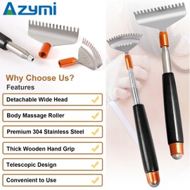 Back Scratcher Detachable Claws, Azymi Backscratchers for Adults Extendable Long Wood Handle/Massage Roller/Steel Wide Heads Body Scratcher Massager with Exquisite Pouch Box
