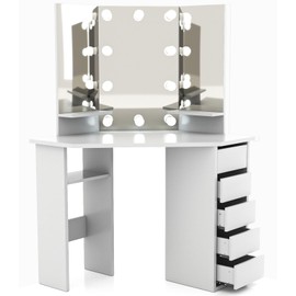 Corner Makeup Vanity Desk with Mirror and Lights - White Vanity Table with 3 Lighted Mirrors 5 Drawers Bedroom Makeup Table with Storage Shelf 44'' Dressing Table for Women Girls