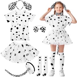 SOMSOC 6 Pieces 100 Days of School Girls Dalmatian Dog Costume Set T-Shirt Headband Tail Bow tie Socks Tutu Skirt