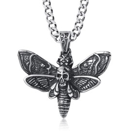 KIRTIJW Skull Necklace Stainless Steel Gothic Punk Biker Death's-Head Hawkmoth Skull Pendant Necklace Jewelry for Men 60cm
