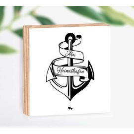 Wooden Picture Anchor Home Port Ahoi 15 x 15 x 2 cm for Standing/Hanging, Real Photo Direct Print with Saying on Coated Birch Wood, The Perfect Gift for Your Loved People