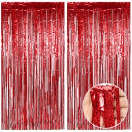O-Kinee Tinsel Curtains, Red Glitter, Pack of 2 Metallic Glitter Curtain Fringe 1 m x 2 m, Glitter Tinsel Curtain, Foil Fringe Curtain for Christmas Tree, Birthdays, Festivals, Party, Stage Decoration