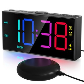 PPLEE RGB Bed Shaker Alarm Clock for Heavy Sleepers, Loud Vibrating Digital Clock with Dual Alarms, 3 Wake Modes, Weekday Display, Bedside USB Charger, Battery Backup, Dimmable for Kids Teens Seniors