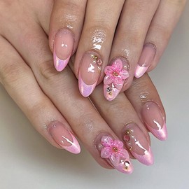 3D Pink Flower Press on Nails French Tip Medium Almond Fake Nails with Pearl Rhinestone Designs Glossy Acrylic False Nail Tips Full Cover Artificial Glue on Nails for Women Manicure Kit