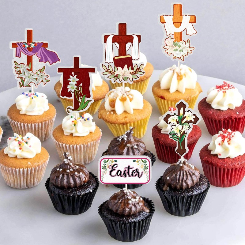 18Pcs Cross Cupcake Toppers - Religious Party Cupcake Toppers,Happy Easter