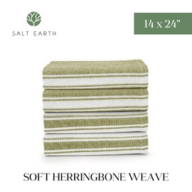 Salt Earth Kitchen Towels Cotton Dish Towel Size 24x14 Inches Set of 4 100% Ring Spun Cotton Absorbent Quick Dry Herringbone Weave Lint Free Washable Dishcloth Hanging Loop Color White & Green Stripe