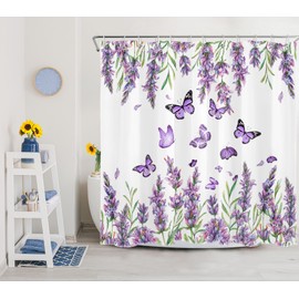 MEUNEAR Purple Floral Shower Curtain Purple Lavender and Butterfly on White Shower Curtain for Bathroom, Rustic Flower Plant Shower Curtain Set Durable Fabric and Hooks, 72X72Inches