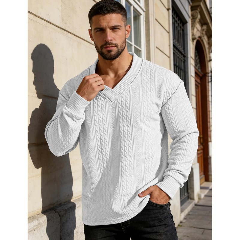 QOSOQ Mens Casual Sweaters Textured Pullover V Neck Sweater Pullover