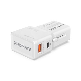 Promate, Compact Universal Travel Adapter 20W Fast Charge 3.0 US/UK/EU/AU Plug Elegant Slide-in Design TriPlug PD20