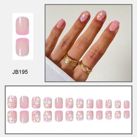 Spring Flower Press on Nails Short Square Fake Nails Pink French Tip Acrylic Glue on Nails Mirror Reusable Stick on Nails for Women DIY Charm Manicure