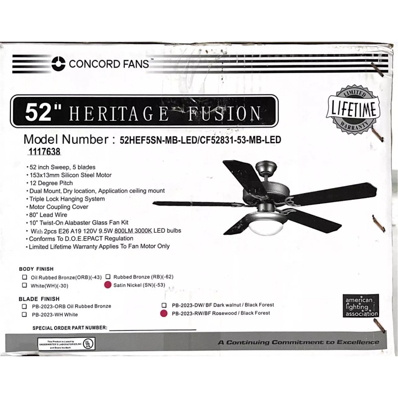Heritage Fusion 52" Satin Nickel w/ Rosewood/Black Forest Blades Ceiling