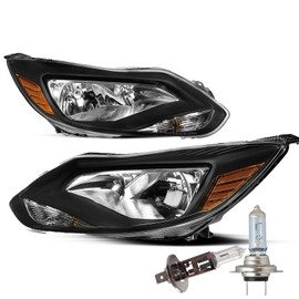 Aosky Headlight Assembly Bulbs Included Compatible with 2012 2013 2014 Ford Focus [Factory Halogen Type] Headlamp,Black Housing with Amber Reflector (Driver & Passenger Side)