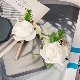 JDRGJTH 3 PCS White Rose Wrist Flowers,Boutonniere for Men and Packaging Box,Wedding Accessories for Brides,Corsage and Boutonniere Set for Wedding Flowers Ceremony Prom Party Accessories