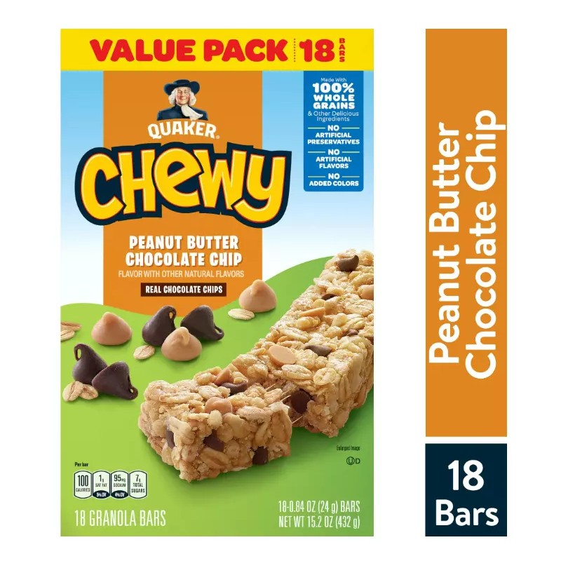 Quaker Chewy Granola Bar, Peanut Butter Chocolate Chip Flavor, 18