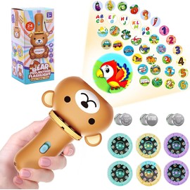 Torch Projector for Children, Torch and Projector with 6 Discs, Projection Light Toy, Dinosaurs, Transport Vehicles, Fruits and Numbers Torch Light (Brown)