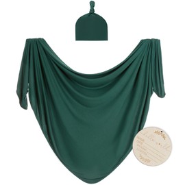 Kloovete Large Jersey Knitted Swaddle Blanket for Baby, Soft Stretchy Receiving Blanket for Newborns with Hat, Baby Nursery Swaddle 47 x 47 inches(Peacock)