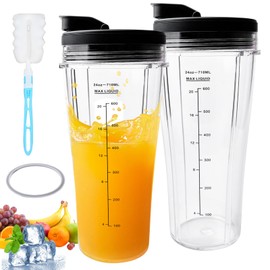 Mixer Replacement Parts for Ninja, 2 Pieces Cup Replacement Parts for Ninja, Replacement Parts for Mixer Ss100, Ss101, Ss300, Includes 2 Flip-Top Lids, 1 Rubber Seal, 1 Cup Brush (710 ml)